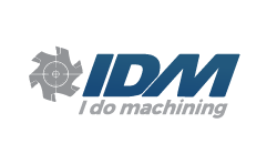 Blue and gray IDM: I Do Machining logo that links to idomachining.com